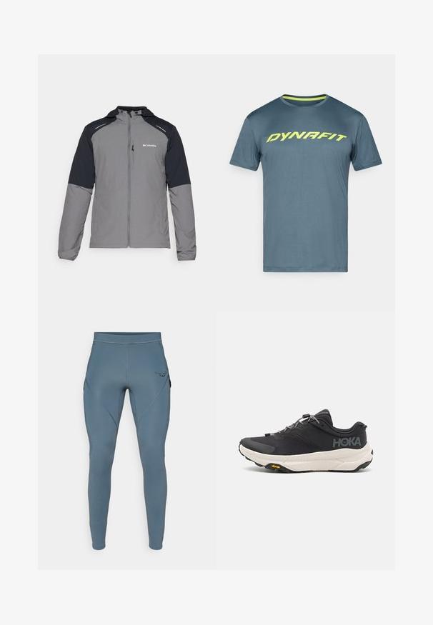 Veste grise avec des manches noires, fermeture éclair à l'avant, capuche et logo Columbia. Comprend des accents réfléchissants et un tissu léger ettexturé.; T-shirt de sport bleu à manches courtes avec le logo "DYNAFIT" jaune fluo sur la poitrine, col rond et bord de col intérieur contrastant jaune.; Leggings de sport bleus avec une texture lisse, dotés de poches latérales et d'un logo noir contrastant sur la hanche. Design ajusté.; Chaussure de sport noire avec un dessus texturé, accents gris, détails réfléchissants et une semelle blanche épaisse arborant la marque Vibram.