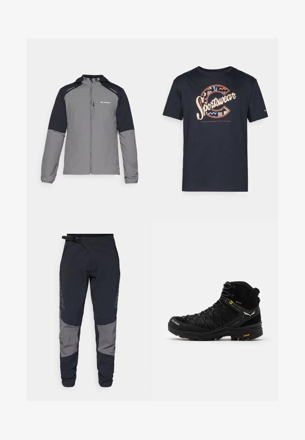 Pelēks jaku ar melniem piedurknēm, ar rāvējslēdzēju priekšā, kapuci un Columbia logo. Iezīmētais ir atstarojošiem akcentiem un vieglu, teksturētu audumu.; Tumši zila kokvilnas T-krekliņš ar lielu, krāsainu "Sportswear" grafiku, kas rotāta ar ģeometriskajiem rakstiem un burtu "C" uz priekšpuses.; Oakley MAVEN SCRUB PANT - Āra bikses - black/grey; Melnas pārgājienu bootas ar teksturētu augšu, pastiprinātu pirkstu un Vibram zoli. Šņorēšanas sistēmā ir āķi drošai pieguvei.