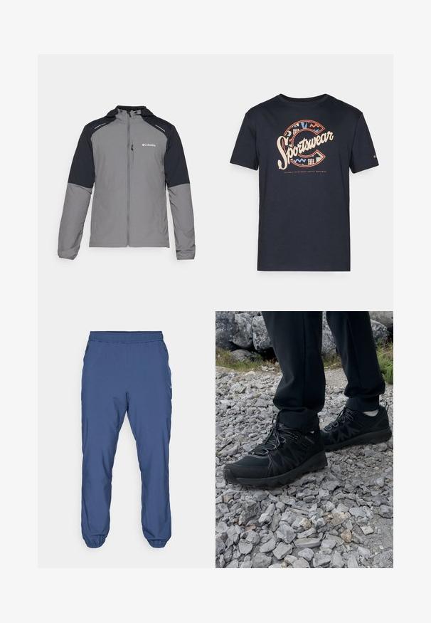 Šedá bunda s černými rukávy, se zapínáním na zip, kapucí a logem Columbia. Obsahuje reflexní akcenty a lehkou, texturovanou tkaninu.; Námořnická modrá bavlněná tričko s velkým, barevným grafickým nápisem "Sportswear" se geometrickými vzory a písmenem "C" na přední straně.; Modré sportovní kalhoty vyrobené z lehkého materiálu. Mají elastický pas, manžety na kotníkách a boční kapsy na zip.; Černé venkovní boty z prodyšného a syntetického materiálu, s texturovaným svrškem, bezpečným šněrovacím systémem a robustní podrážkou, na skalnatém terénu.