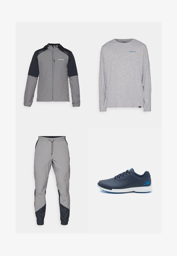 Šedá bunda s čiernymi rukávmi, so zipom vpredu, kapucňou a logom Columbia. Obsahuje reflexné akcenty a ľahkú, textúrovanú tkaninu.; Svetlošedé tričko s dlhým rukávom vyrobené z mäkkého, textúrovaného materiálu. Obsahuje okrúhly výstrih a malú modrú Patagonia logo na hrudi.; Ľahké, šedé športové nohavice s čiernymi akcentmi. Elastický pás, sťahovanie pomocou šnúrky, zúžený strih nohavíc a bočné vrecká.; Námořnické golfové boty s elegantním designem, syntetický svršek, bílá mezipodešev a modré gumové kolíky. Obsahují perforace pro prodyšnost.