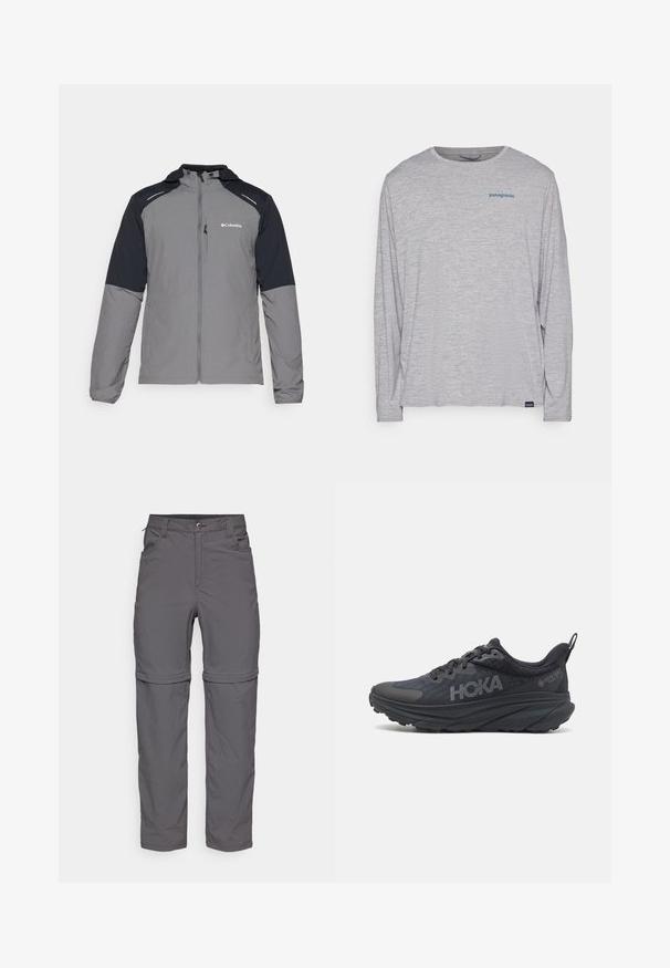 Siva jakna s črnimi rokavi, zadrgo spredaj, kapuco in logotipom Columbia. Ima odsevne detajle in lahkoten teksturiran material.; Svetlo siva majica dugih rukava od mekog, teksturiranog materijala. Ima okrugli izrez i mali plavi Patagonia logo na grudima.; Sive zadrge hlače z gladko teksturo, ki vključujejo zadrgo, sprednje žepe in nastavljive manšete za vsestranski slog.; Črne tekaške čevlje Hoka z mrežasto zgornjim delom, teksturiranimi podrobnostmi in debelim, oblazinjenim podplatom s koničastimi robovi za izboljšano podporo.