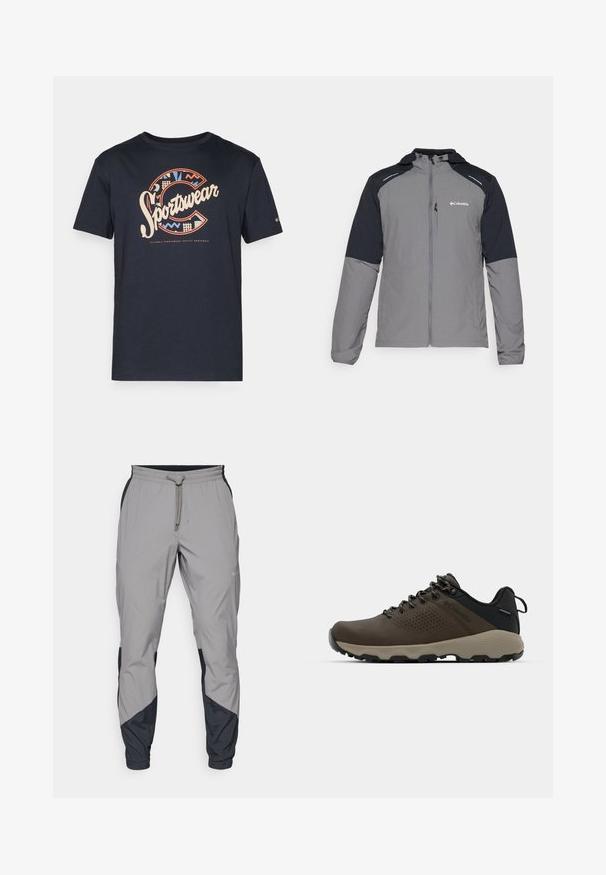 Szara kurtka z czarnymi rękawami, zamek z przodu, kaptur i logo Columbia. Posiada odblaskowe akcenty oraz lekką, teksturowaną tkaninę.; Granatowa koszulka bawełniana z dużym, kolorowym nadrukiem "Sportswear" z geometrycznymi wzorami oraz literą "C" z przodu.; Lekki, szare spodnie sportowe z czarnymi akcentami. Elastyczny pas, zapięcie na sznurek, zwężający się krój nogawek oraz boczne kieszenie.; Brązowe wodoodporne trampki z teksturowaną cholewką, perforowanymi akcentami, czarnym wsparciem pięty i szarym gumowym podeszwy. Sznurówki ozdobione metalowymi końcówkami.
