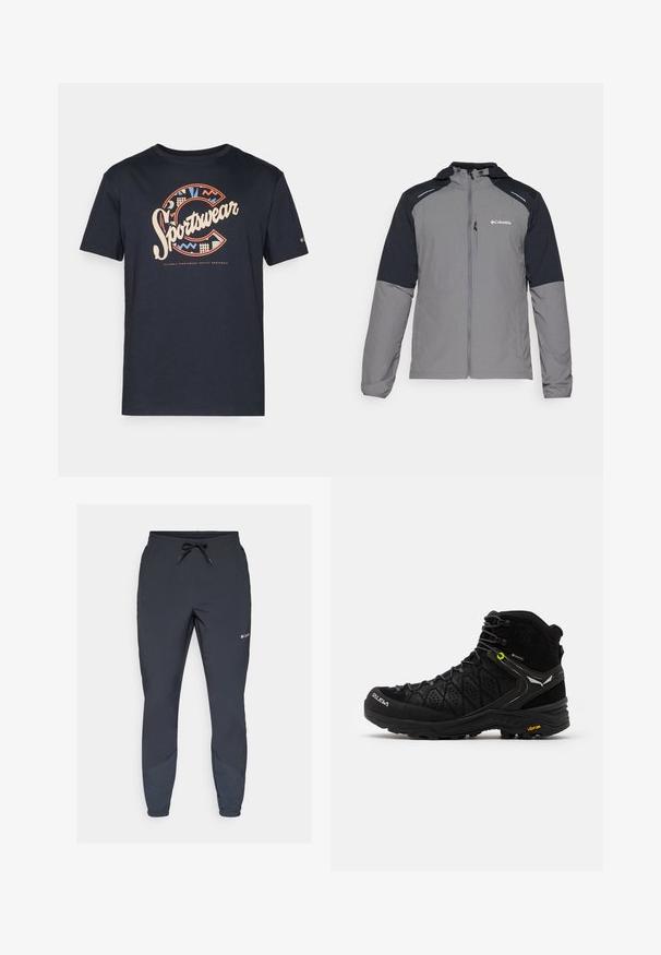 Gray jacket with black sleeves, zip front, hood, and Columbia logo. Features reflective accents and a lightweight, textured fabric.; Navy blue cotton t-shirt featuring a large, colorful "Sportswear" graphic with geometric patterns and the letter "C" on the front.; Black lightweight jogger pants with an elastic waistband and adjustable drawstring. Features tapered legs and side panels in a darker shade.; Black hiking boot featuring a textured upper, reinforced toe, and Vibram sole. Lacing system includes hooks for secure fit.