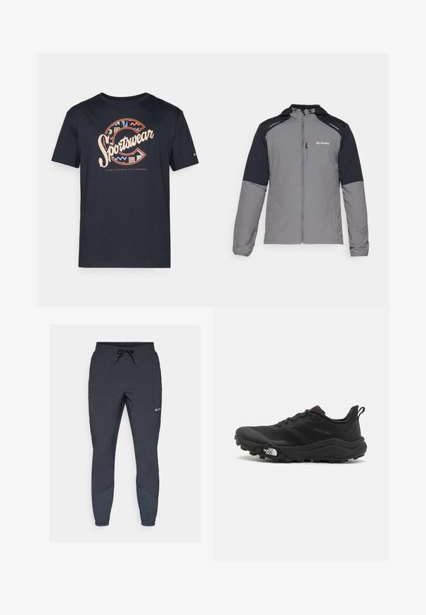 Hallide hall mustaka varrukatega, lukuga esik, kapuuts ja Columbia logo. Omab peegeldavaid detaile ja kerget, tekstureeritud kangast.; Tumedat sinine puuvillane T-särk, mille esiküljel on suur, värviline "Spordirõivad" graafika geomeetriliste mustrite ja tähega "C".; Mustad kerge jogger-püksid mustas värvuses, millel on elastne vöökoht ja reguleeritav pael. Omab kitsenevaid jalgu ja külgpaneele tumedamas toonis.; Must tume jooksujalats musta värvi, tekstuurse ülemise osaga, kummist tallaga ja tugevdatud varbaga. Omab pehmendusega krae ja tõmblinti mugavaks selga panemiseks.