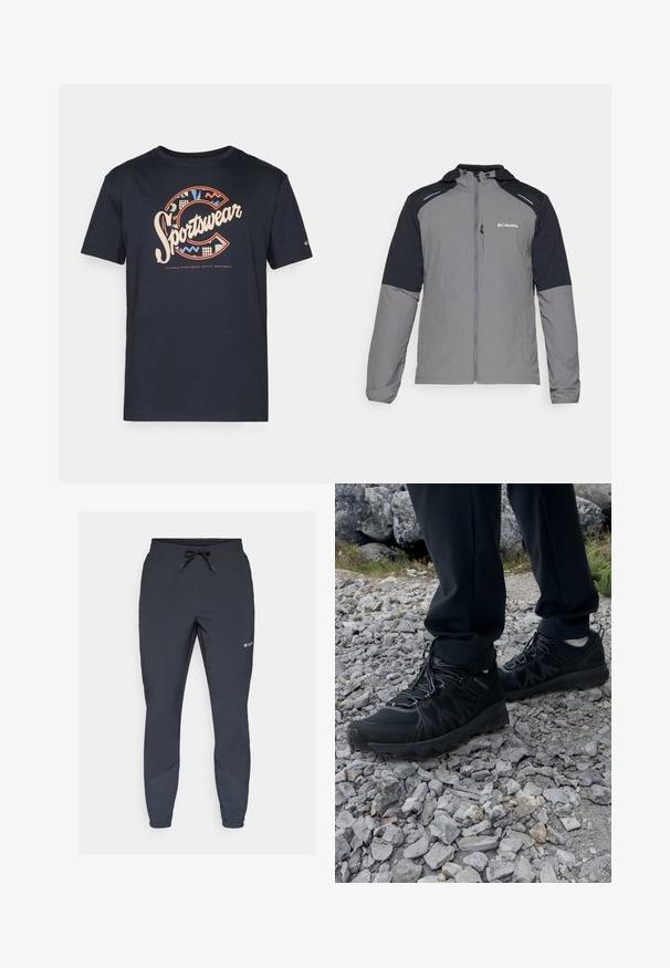 Grå jakke med svarte ermer, glidelås foran, hette og Columbia-logo. Har reflekterende detaljer og et lett, teksturert stoff.; Marineblå bomulls t-skjorte med en stor, fargerik "Sportswear" grafikk med geometriske mønstre og bokstaven "C" på forsiden.; Sorte lette joggebukser med elastisk liv og justerbar snor. Har tapered ben og sidestykker i en mørkere nyanse.; Sorte utendørssko i svart med mesh og syntetisk materiale, med en teksturert overdel, sikret snøresystem og en robust såle, på steinete terreng.