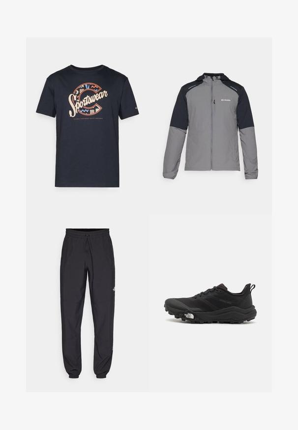 Šedá bunda s černými rukávy, se zapínáním na zip, kapucí a logem Columbia. Obsahuje reflexní akcenty a lehkou, texturovanou tkaninu.; Námořnická modrá bavlněná tričko s velkým, barevným grafickým nápisem "Sportswear" se geometrickými vzory a písmenem "C" na přední straně.; Černé sportovní kalhoty vyrobené z lehké tkaniny, s páskem na šňůrku, bočními kapsami a zúženými manžetami na kotnících.; Černé trailové běžecké boty s texturovaným svrškem, gumovou podrážkou a vyztuženou špičkou. Obsahují polstrovaný límec a poutko pro snadné obouvání.