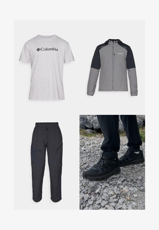 Šedá bunda s černými rukávy, se zapínáním na zip, kapucí a logem Columbia. Obsahuje reflexní akcenty a lehkou, texturovanou tkaninu.; Šedé bavlněné tričko s krátkým rukávem, s černým logem Columbia na hrudi. Design je jednoduchý a neformální.; Černé cargo kalhoty vyrobené z lehkého, voděodolného materiálu; mají elastický pas, několik kapes na zip a zúžené nohavice.; Černé venkovní boty z prodyšného a syntetického materiálu, s texturovaným svrškem, bezpečným šněrovacím systémem a robustní podrážkou, na skalnatém terénu.