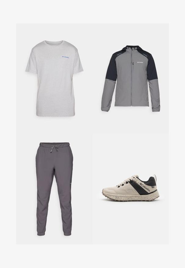 Pilkas švarkas su juodomis rankovėmis, su užtrauktuku priekyje, gobtuvu ir Columbia logotipu. Savybėmis tampa atspindinčios detalės ir lengva, tekstūruota medžiaga.; Columbia NORTH CASCADES™ SHORT SLEEVE TEE - Marškinėliai su spaudiniu - grey; Pilkos, lengvos, elastingos juosmens kelnės su reguliuojama raišteliu; siaurėjančios kojos; glotni tekstūra; šone yra logotipo detalė.; Kolumbijos kedai, šviesiai rudi ir juodi, su tekstūruota tinklinio medžiaga viršuje, dėmėtu viduriu ir tvirtu guminiu padu, užtikrinančiu sukibimą.