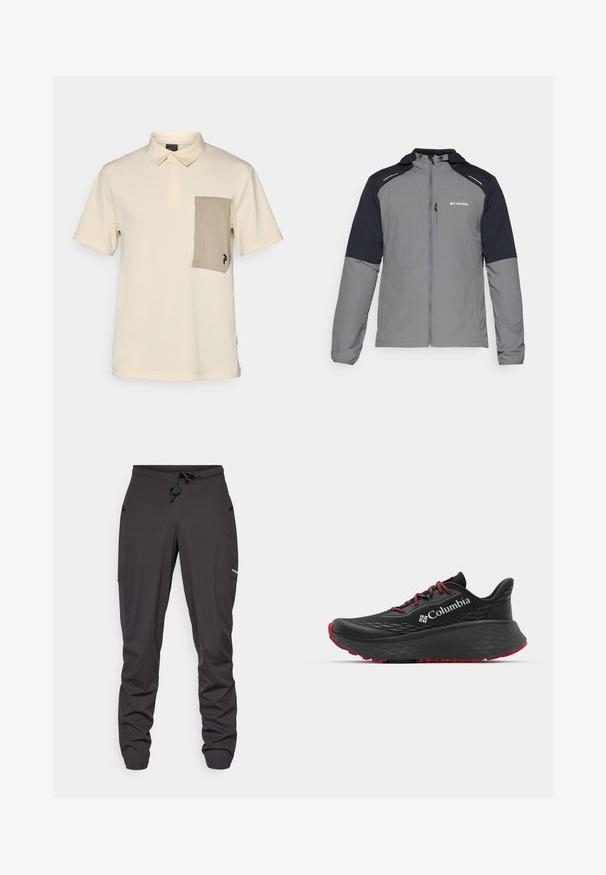 Šedá bunda s černými rukávy, se zapínáním na zip, kapucí a logem Columbia. Obsahuje reflexní akcenty a lehkou, texturovanou tkaninu.; Polo tričko v světlém béžovém odstínu s límečkem, krátkými rukávy a kontrastní hnědou kapsičkou s logem. Hladká, lehká tkanina.; Černé sportovní kalhoty s šňůrkou v pase, boční kapsy, mírně pomačkaná látka a malé viditelné logo na pravém stehně.; Černá sportovní bota s texturovaným svrškem, červenými tkaničkami a logem. Silná podrážka s vzorovaným dezénem pro lepší trakci. Minimalistický design, boční pohled.