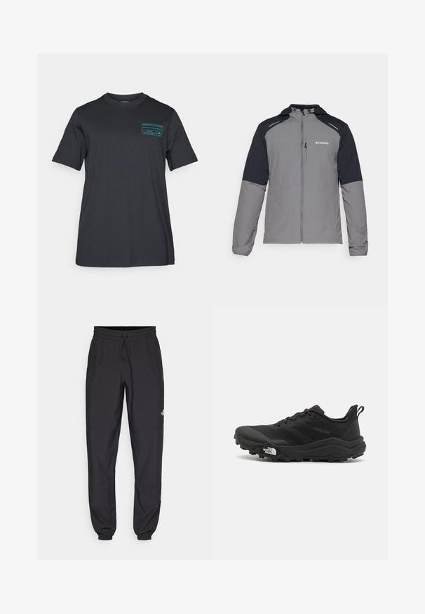 Gray jacket with black sleeves, zip front, hood, and Columbia logo. Features reflective accents and a lightweight, textured fabric.; Black cotton t-shirt with short sleeves and a round neck. Features a teal graphic print on the left chest area. Simple, casual design.; Black athletic pants made from lightweight fabric, featuring a drawstring waistband, side pockets, and tapered cuffs at the ankles.; Black trail running shoe with a textured upper, rubber sole, and reinforced toe cap. Features a padded collar and pull tab for easy wear.