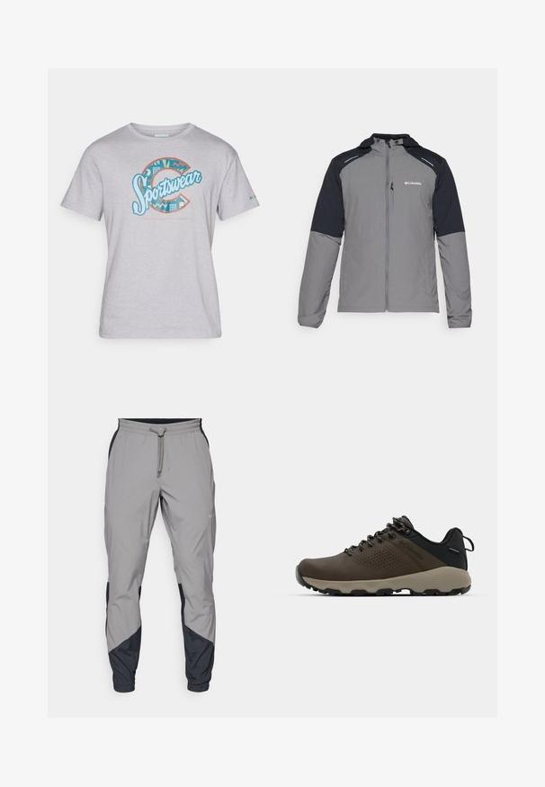 Šedá bunda s čiernymi rukávmi, so zipom vpredu, kapucňou a logom Columbia. Obsahuje reflexné akcenty a ľahkú, textúrovanú tkaninu.; Svetlo šedé bavlnené tričko s multicolorovým grafickým motívom "Sportswear" s geometrickými vzormi a akcentmi v modrej a oranžovej farbe.; Ľahké, šedé športové nohavice s čiernymi akcentmi. Elastický pás, sťahovanie pomocou šnúrky, zúžený strih nohavíc a bočné vrecká.; Hnedé vodoodolné tenisky s textúrovaným zvrškom, perforovanými detailmi, čiernou oporou päty a šedou gumovou podrážkou. Šnúrky sú ozdobené kovovými koncami.