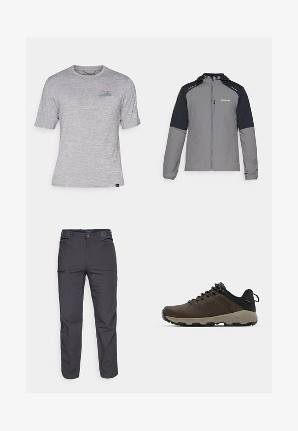 Hallide hall mustaka varrukatega, lukuga esik, kapuuts ja Columbia logo. Omab peegeldavaid detaile ja kerget, tekstureeritud kangast.; Hallitus gray värvi lühikeste varrukatega t-särk, mis on valmistatud pehmest ja kergest kangast. Ees on väike mitmevärviline logo vasakul rinna kohal.; Tumed hallid püksid, mis on valmistatud vastupidavast kangast, varustatud lukuga tasku, sirge lõikega ja vööaasadega, et sobivust kohandada.; Kohandatud veekindlad pruunid spordijalatsid tekstuuriga pealisega, perforatsioonidega detailid, must kandetoetav osa ja hall kummine sisetald. Paelad on metallist otstega.