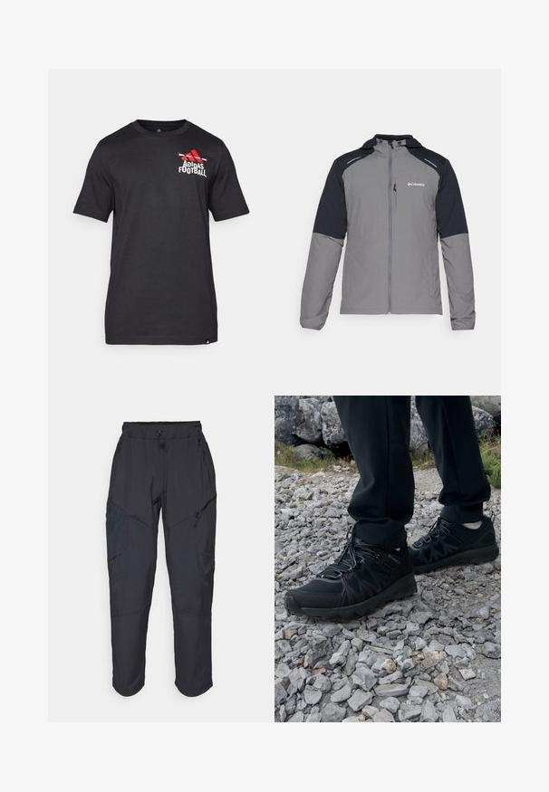 Szara kurtka z czarnymi rękawami, zamek z przodu, kaptur i logo Columbia. Posiada odblaskowe akcenty oraz lekką, teksturowaną tkaninę.; Czarna koszulka z krótkim rękawem wykonana z bawełny, z czerwonym logo Adidas i napisem "Football" na lewej części piersi. Gładka tekstura.; Czarne spodnie cargo wykonane z lekkiego, wodoodpornego materiału; posiadają elastyczny pas, liczne kieszenie zapinane na zamek oraz zwężane nogawki.; Czarne buty outdoorowe wykonane z siateczki i materiału syntetycznego, z fakturowaną cholewką, zabezpieczonym systemem sznurowania i solidną podeszwą, na skalistym terenie.