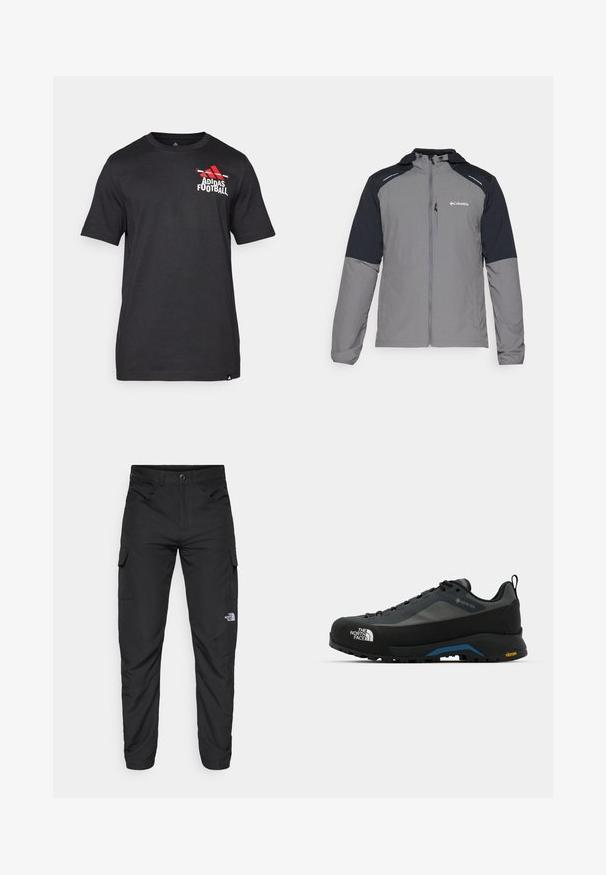 Gray jacket with black sleeves, zip front, hood, and Columbia logo. Features reflective accents and a lightweight, textured fabric.; Black short-sleeve t-shirt made of cotton, featuring a red Adidas logo and "Football" text on the left chest area. Smooth texture.; The North Face HORIZON PANT - Outdoor trousers - black; The North Face VERTO ALPINE GORE TEX - Hiking shoes - asphalt grey/tnf black