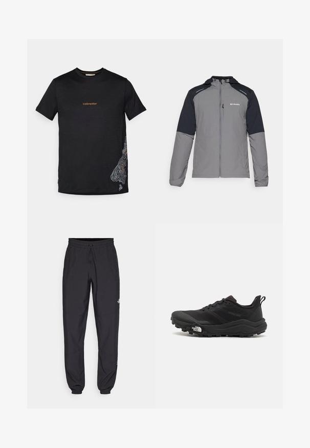 Šedá bunda s čiernymi rukávmi, so zipom vpredu, kapucňou a logom Columbia. Obsahuje reflexné akcenty a ľahkú, textúrovanú tkaninu.; Čierne tričko s krátkym rukávom so žltým nápisom "icebreaker" na hrudi a bielym topografickým mapovým dizajnom v pravom dolnom rohu.; Čierne športové nohavice vyrobené z ľahkej tkaniny, s elastickým pásom na šnurovanie, bočnými vreckami a zúženými manžetami na členkoch.; Čierne trailové behacie topánky s štruktúrovaným zvrškom, gumovou podrážkou a vystuženou špičkou. Obsahuje polstrovaný golier a úchyt na jednoduché obúvanie.