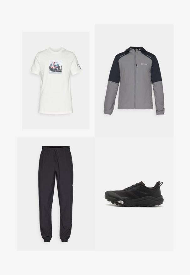 Grå jakke med sorte ærmer, lynlås foran, hætte og Columbia-logo. Har reflekterende detaljer og et let, struktureret stof.; Hvid bomulds t-shirt med et grafisk tryk af et futuristisk køretøj med et cirkulært design, præsenteret mod en lys blå geometrisk baggrund.; Sorte atletiske bukser lavet af letvægtsstof, med en snor i taljen, sidelommer og tapered manchetter ved anklerne.; Sort trail løbesko med en struktureret overdel, gummisål og forstærket tåhætte. Har en polstret krave og en pull-tab til nem påtagning.