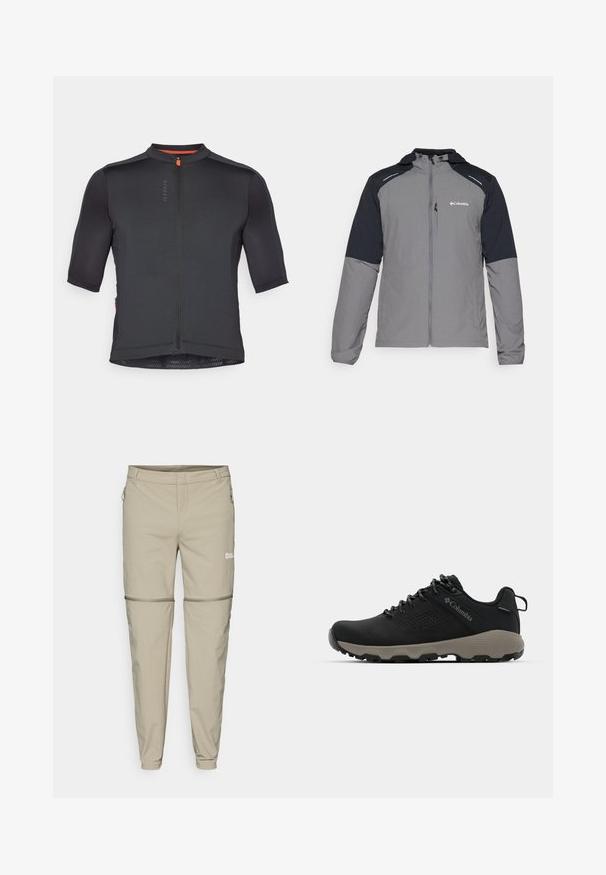 Gray jacket with black sleeves, zip front, hood, and Columbia logo. Features reflective accents and a lightweight, textured fabric.; Short-sleeve cycling jersey in black fabric with textured surface, front zipper, and orange accent at the collar. Features a fitted design.; Beige outdoor pants with zip-off feature, slim fit, soft texture, side zip pockets, and a subtle logo on the left thigh.; Black hiking shoe with a smooth upper, perforated design, gray outsole, and reinforced heel. Features laces and a pull tab for easy wear.