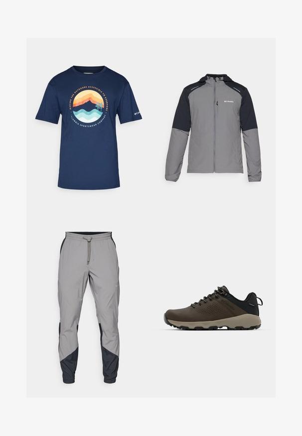 Szara kurtka z czarnymi rękawami, zamek z przodu, kaptur i logo Columbia. Posiada odblaskowe akcenty oraz lekką, teksturowaną tkaninę.; Granatowa bawełniana koszulka z krótkim rękawem, z okrągłym wzorem graficznym w kolorach pomarańczowym, żółtym i turkusowym przedstawiającym góry i fale.; Lekki, szare spodnie sportowe z czarnymi akcentami. Elastyczny pas, zapięcie na sznurek, zwężający się krój nogawek oraz boczne kieszenie.; Brązowe wodoodporne trampki z teksturowaną cholewką, perforowanymi akcentami, czarnym wsparciem pięty i szarym gumowym podeszwy. Sznurówki ozdobione metalowymi końcówkami.