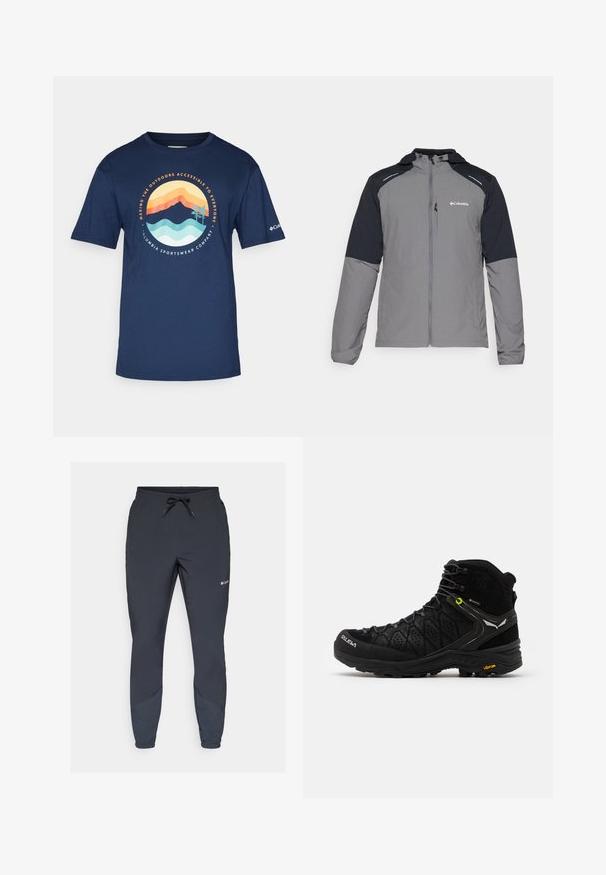 Šedá bunda s čiernymi rukávmi, so zipom vpredu, kapucňou a logom Columbia. Obsahuje reflexné akcenty a ľahkú, textúrovanú tkaninu.; Námornícky modré bavlnené tričko s krátkymi rukávmi, ktoré má okrúhly grafický dizajn v oranžovej, žltej a tyrkysovej farbe znázorňujúci hory a vlny.; Čierne ľahké jogger nohavice s elastickým pásom a nastaviteľným šnúrkou na viazanie. Majú zúžené nohavice a bočné panely v tmavšej farbe.; Čierna turistická obuv s textúrovaným zvrškom, vystuženou špičkou a Vibram podrážkou. Systém šnurovania obsahuje háčiky pre bezpečné upevnenie.