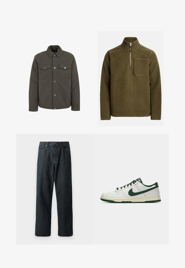 Olivově zelená bunda vyrobená z odolné tkaniny, s límcem, dvěma kapsami na hrudi a kovovými patentkami na přední straně.; Fleeceová mikina v olivově zelené barvě, s půlzipovým límcem a kapsičkou na levé straně hrudi. Texturovaný, měkký materiál s volným střihem.; Tmavě modré džíny se střihem rovného nohavice, s tradičním pětipocket designem a kovovým knoflíkem na zavírání v pase.; Bílé nízké tenisky s tmavě zeleným logem Nike, tkaničkami a akcenty podešve, zobrazené v profilu na čistě bílém pozadí.