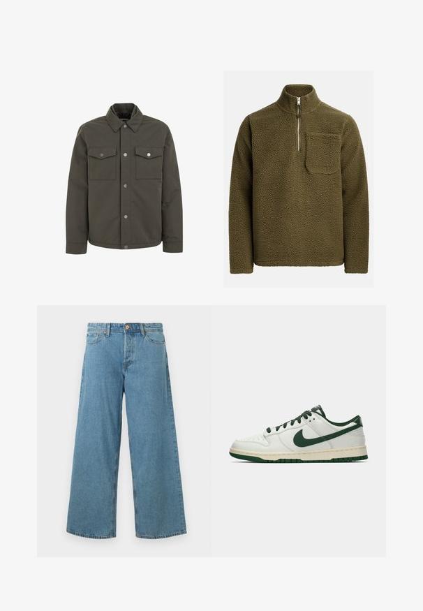 Alyvuogių žalios spalvos švarkas, pagamintas iš tvirto audinio, su apykakle, dviem krūtinės kišenėmis ir metalinėmis užsegimo sagomis priekyje.; Alyvuogių žalios spalvos vilnos džemperis su pusiau užtrauktuku ir kairiuoju krūtinės kišeniu. Textūra švelni, medžiaga minkšta, su laisvu siluetu.; Šviesiai mėlynos plačios džinsinės kelnės su priekyje esančiu mygtuku ir kišenėmis, pateiktos prieš baltą foną.; Balti žemi sportbačiai su tamsiai žaliu Nike swoosh, raišteliais ir padu, rodomi šoniniame profilyje ant baltos fono.