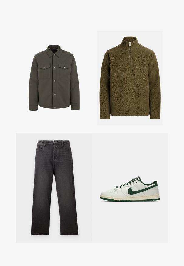 Giacca verde oliva realizzata in tessuto resistente, con colletto, due tasche sul petto e bottoni a pressione metallici lungo la parte anteriore.; Pullover in pile verde oliva, con colletto a mezza zip e tasca sul petto sinistro. Materiale morbido e testurizzato con vestibilità comoda.; Jeans in denim nero con design a gamba dritta, dotati di cinque tasche e dettagli di cucitura in evidenza. Tessuto leggero con una texture liscia.; Sneaker bianco a bassa cima con swoosh Nike verde scuro, lacci e dettagli della suola, mostrato di profilo su uno sfondo bianco uniforme.