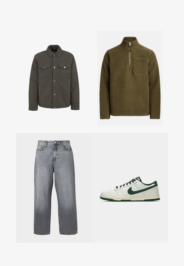 Olijfgroene jas van duurzaam materiaal, met een kraag, twee borstzakken en metalen drukknoopjes langs de voorkant.; Fleece pullover in olijfgroen, met een halve ritssluiting en een borstzak aan de linkerkant. Getextureerd, zacht materiaal met een relaxte pasvorm.; Grijze denim wijde pijpen jeans met een hoge taille, vijf zakken en metalen sluiting. De stof vert toont lichte vervaging bij de zoom.; Witte lage sneakers met een donkergroene Nike swoosh, veters en accentkleuren op de zool, weergegeven in profiel op een effen witte achtergrond.