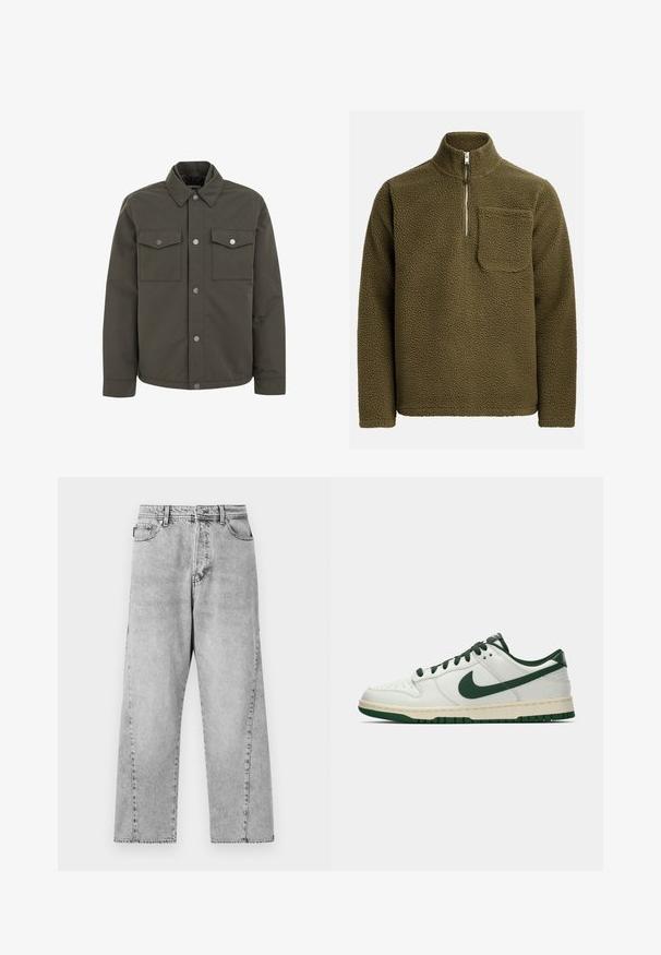 Maslinasto zelena jakna od izdržljive tkanine, s ovratnikom, dva džepa na prsima i metalnim dugmadi na prednjoj strani.; Pulover od flisa u maslinasto zelenoj boji, s ovratnikom na pola rajsferšlusa i džepom na lijevoj strani grudi. Teksturni, mekani materijal s opuštenim krojem.; Sive traperice širokih nogavica s visokim strukom, s klasičnim dizajnom s pet džepova i vidljivim šavnim detaljima.; Bjele tenisice niskog profila s tamnozelenim Nike swooshom, vezicama i naglascima na đonu, prikazane u profilu na jednostavnoj bijeloj pozadini.