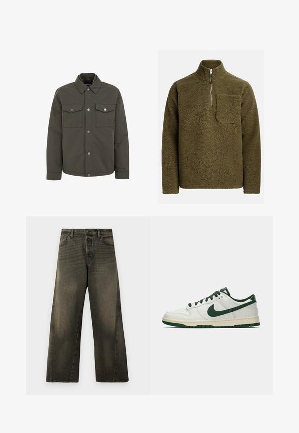 Olivovo zelená bunda vyrobená z odolnej látky, s golierom, dvojicou náprsníkových vreciek a kovovými cvokmi pozdĺž prednej strany.; Fleece pulóver v olivovo zelenej farbe, s polovičným zipsom a vreckom na ľavej strane hrudníka. Hladký, mäkký materiál s voľným strihom.; Čierne vyblednuté rifle s vysokým pásom a širokými nohavicami, so zapínaním na predný gombík a zips, a s klasickými prednými vreckami.; Biele nízke tenisky s tmavozeleným Nike swooshom, šnúrkami a akcentmi na podrážke, zobrazené v profile na jednoduchom bielom pozadí.