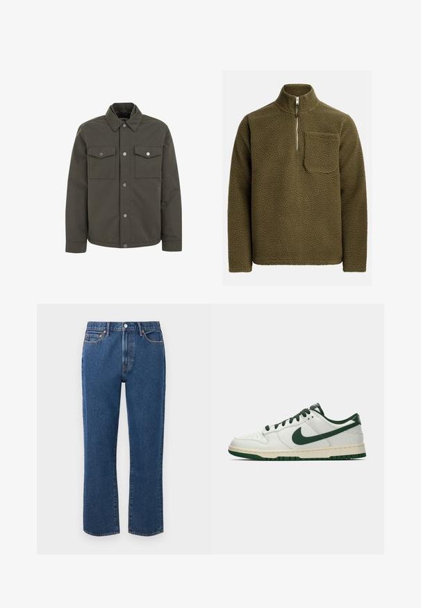 Jachetă verde măsliniu, confecționată dintr-un material rezistent, cu guler, două buzunare pe piept și nasturi metalici pe toată lungimea din față.; Pulover din fleece de culoare verde măslin, având un guler cu fermoar pe jumătate și un buzunar pe partea stângă a pieptului. Material texturat, moale, cu o croială relaxată.; Jeans drepți de culoare albastră din denim, cu închidere cu nasturi, cinci buzunare și detalii de cusătură portocalie contrastantă.; Adidași albi cu vârf jos, având swoosh-ul Nike în verde închis, șireturile și accentele tălpii, prezentați în profil pe un fundal alb simplu.