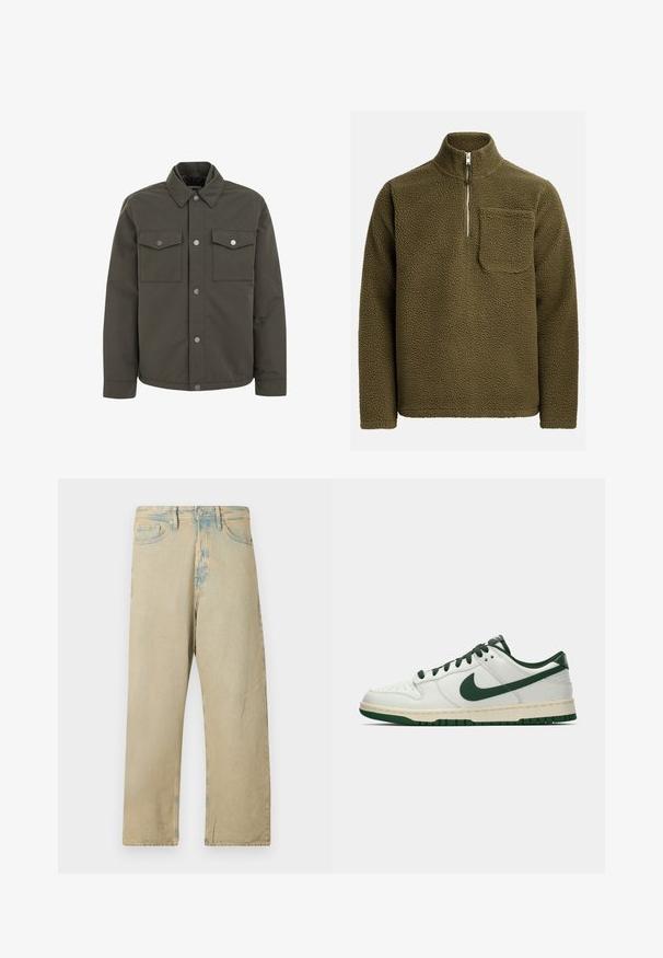 Oliivroheline jakk, mis on valmistatud vastupidavast kangast, millel on krae, kaks rinna-taskut ja metallised nupud esiküljel.; Oliiviroheline fliispullover, millel on pooltõmbe kaelus ja vasakul rinnatasku. Tekstureeritud, pehme materjal ja mugav lõige.; Beežid denim püksid, millel on lahtine lõige, esitades kulunud pesu ja peene helesinise aktsendiga vöökoht ja ääred.; Valge madalate tossudega, millel on tumeroheline Nike Swoosh, paelad ja tallakatted, esitatud külgmises vaates ühtlasel valgel taustal.