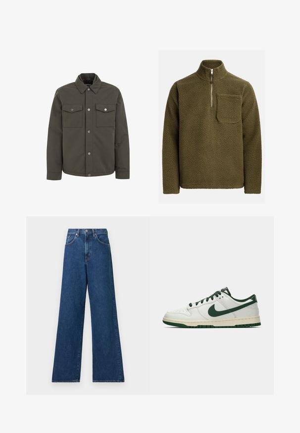 Olíva zöld dzseki tartós anyagból, gallérral, két mellzsebével és fém patentgombokkal az elején.; Olíva zöld színű fleece pulóver, félig cipzárral és bal oldali mellen lévő zsebbel. Texturált, puha anyag, mely lazán illeszkedik.; Széles lábú, kék farmernadrág magas derekú fazonnal, övhurkokkal és elülső zsebekkel. Az anyag sima tapintású és minimális varrással rendelkezik.; Fehér, alacsony szárú sneaker sötétzöld Nike swoosh-zsal, fűzőkkel és talp kiemelésekkel, profilból bemutatva egy sima fehér háttér előtt.