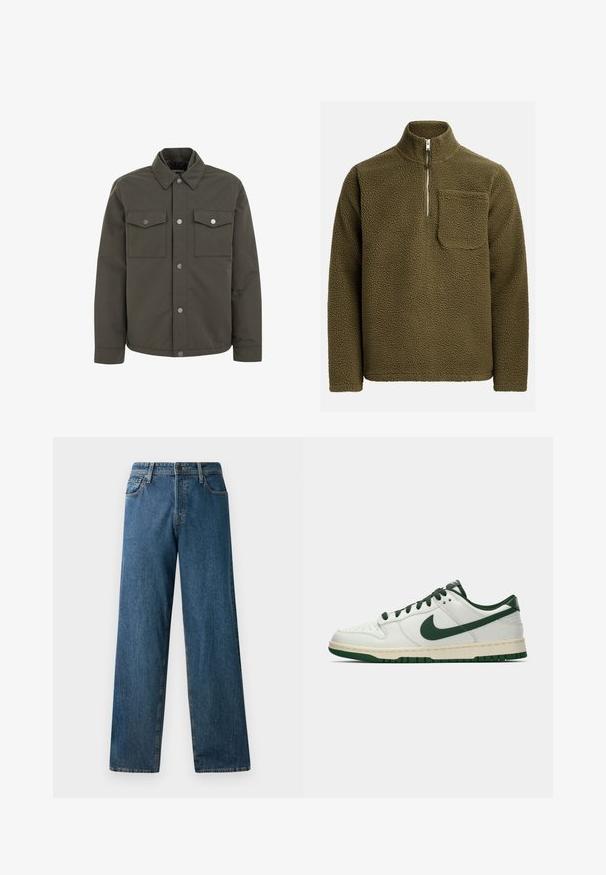 Oliivroheline jakk, mis on valmistatud vastupidavast kangast, millel on krae, kaks rinna-taskut ja metallised nupud esiküljel.; Oliiviroheline fliispullover, millel on pooltõmbe kaelus ja vasakul rinnatasku. Tekstureeritud, pehme materjal ja mugav lõige.; Tumedad sinine teksased, millel on mugav istuvus, sirged jalad, viis taskut ja kontrastne õmblemine. Esipaneelil on nupuga ja lukuga kinni minek.; Valge madalate tossudega, millel on tumeroheline Nike Swoosh, paelad ja tallakatted, esitatud külgmises vaates ühtlasel valgel taustal.