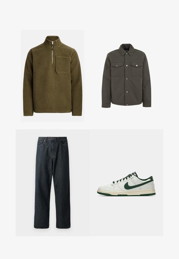 Veste vert olive en tissu durable, avec un col, deux poches poitrine et des boutons-pression métalliques sur le devant.; Pull-over en polaire de couleur vert olive, avec un col à demi-zippé et une poche sur la poitrine gauche. Matériau texturé et doux avec une coupe décontractée.; Jeans en denim foncé avec une coupe droite, dotés d'une disposition traditionnelle à cinq poches et d'une fermeture à bouton en métal à la taille.; Baskets basses blanches avec un swoosh Nike vert foncé, des lacets et des accents de semelle, présentées en profil sur un fond blanc uni.