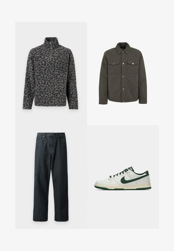 Olijfgroene jas van duurzaam materiaal, met een kraag, twee borstzakken en metalen drukknoopjes langs de voorkant.; Grijze fleece pullover met zwart luipaardpatroon, voorzien van een ritskraag en een borstzak aan de linkerkant. Zachte textuur, lange mouwen, relaxte pasvorm.; Donkerdenim jeans met een rechte pijp, voorzien van een traditionele vijf-pocket indeling en een metalen knoopsluiting bij de taille.; Witte lage sneakers met een donkergroene Nike swoosh, veters en accentkleuren op de zool, weergegeven in profiel op een effen witte achtergrond.