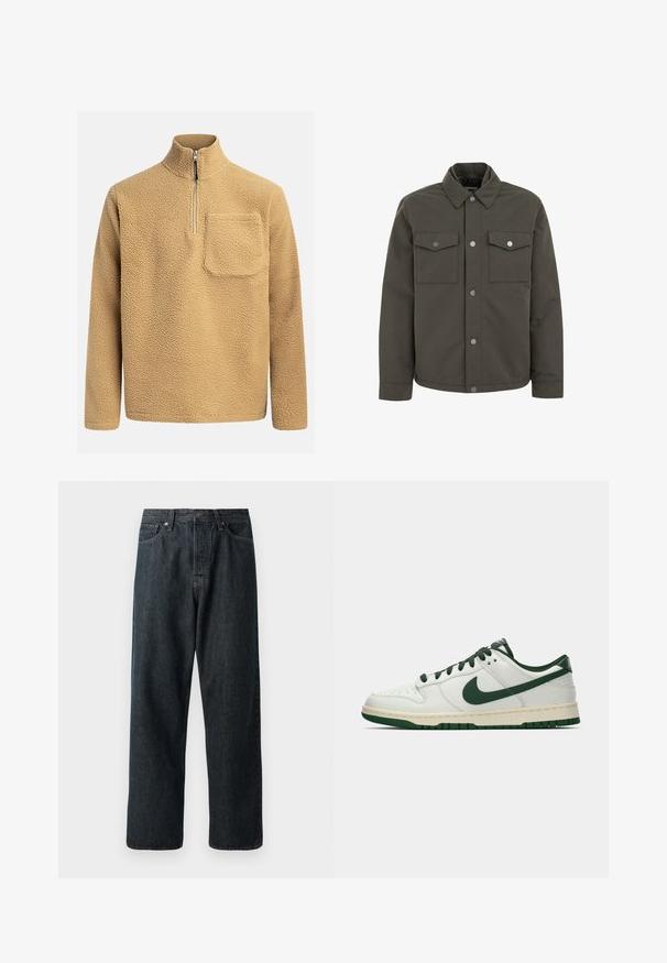 Olive green jacket made of durable fabric, featuring a collar, two chest pockets, and metallic snap buttons along the front.; Beige fleece pullover with a high collar, half-zip front, and a chest pocket. Textured fabric with a soft, cozy appearance.; Dark denim jeans with a straight-leg design, featuring a traditional five-pocket layout and a metal button closure at the waist.; White low-top sneaker with dark green Nike swoosh, laces, and sole accents, shown in profile on a plain white background.
