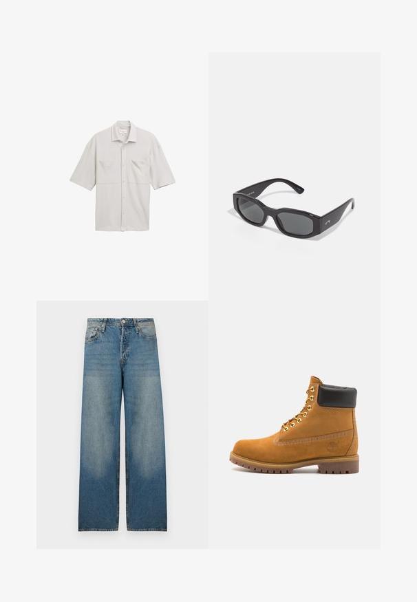 Oliwkowa kurtka wykonana z wytrzymałego materiału, z kołnierzem, dwiema kieszeniami na piersi i metalowymi zatrzaskami z przodu.; Jasnoszara koszula krótki rękaw z kołnierzykiem na guziki, dwiema przednimi kieszeniami i teksturowanym materiałem. Prosty fason z luźnym krojem.; Biała bawełniana koszulka z okrągłym dekoltem, krótkimi rękawami, luźnym krojem i minimalnymi detalami szwów. Gładka tekstura i prosty design.; Jasnoniebieskie dżinsy w stylu wide-leg, wykonane z denimu, z wysokim stanem, pięcioma kieszeniami i wyblakłymi miejscami dla uzyskania vintage'owego wyglądu.; Beżowe zamszowe botki sięgające kostki z czarną wyściełaną krawędzią, złotymi oczkami, białymi detalami szycia oraz wytrzymałą gumową podeszwą z wyraźnym bieżnikiem.; Czarne prostokątne okulary przeciwsłoneczne z ciemnymi soczewkami. Gruba plastikowa oprawka o gładkim wykończeniu, z subtelnym logo po boku.