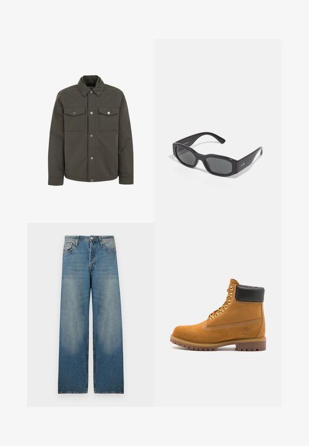 Oliwkowa kurtka wykonana z wytrzymałego materiału, z kołnierzem, dwiema kieszeniami na piersi i metalowymi zatrzaskami z przodu.; Biała bawełniana koszulka z okrągłym dekoltem, krótkimi rękawami, luźnym krojem i minimalnymi detalami szwów. Gładka tekstura i prosty design.; Jasnoniebieskie dżinsy w stylu wide-leg, wykonane z denimu, z wysokim stanem, pięcioma kieszeniami i wyblakłymi miejscami dla uzyskania vintage'owego wyglądu.; Beżowe zamszowe botki sięgające kostki z czarną wyściełaną krawędzią, złotymi oczkami, białymi detalami szycia oraz wytrzymałą gumową podeszwą z wyraźnym bieżnikiem.; Czarne prostokątne okulary przeciwsłoneczne z ciemnymi soczewkami. Gruba plastikowa oprawka o gładkim wykończeniu, z subtelnym logo po boku.
