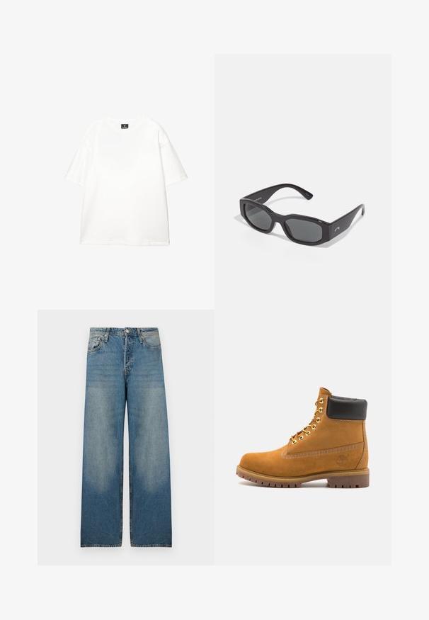 Olivengrøn jakke lavet af slidstærkt stof, med krave, to brystlommer og metalliske trykknapper foran.; Hvid bomulds T-shirt med rund hals, korte ærmer, afslappet pasform og minimale sømdetaljer. Glat tekstur og enkelt design.; Lyseblå bredbenede jeans i denimstof med høj talje, fem-lomme design og slidte områder for et vintage look.; Tan nubuck ankelstøvle med sort polstret krave, gyldne metaløjer, hvid syning detaljer og robust gummisål med udtalte slidbaner.; Sorte rektangulære solbriller med mørke linser. Kraftig plastikramme med en glat overflade, der har diskret branding på siden.
