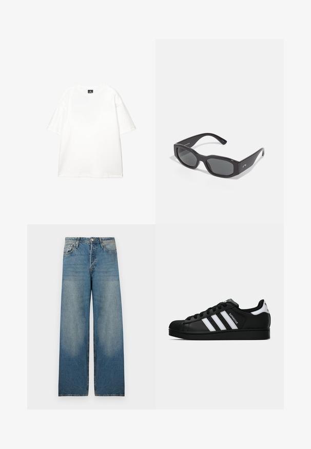 Oliivivihreä takki, joka on valmistettu kestävästä kankaasta. Takissa on kaulus, kaksi rintataskua ja metalliset napit edessä.; Valkoinen puuvillapaita, jossa on pyöreä kaula-aukko, lyhyet hihat, rento leikkaus ja vähäiset ompeluyksityiskohdat. Sileä pinta ja selkeä muotoilu.; Vaaleansiniset leveälahkeiset farkut denim-kankaasta, joissa on korkea vyötärö, viisi taskua ja haalistuneet alueet vintage-tyylin saavuttamiseksi.; Musta Adidas Superstar -lenkkari, jossa on valkoiset raidat, kuorisuoja ja "Superstar"-teksti sivussa, esitetty sivuprofiilissa valkoista taustaa vasten.; Musta suorakulmainen aurinkolasit tummilla linsseillä. Paksu muovikehys, jossa on sileä pinta ja hienovarainen brändäys sivussa.