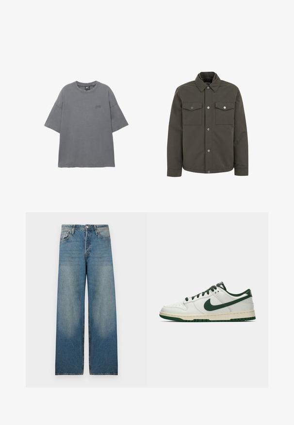 Giacca verde oliva realizzata in tessuto resistente, con colletto, due tasche sul petto e bottoni a pressione metallici lungo la parte anteriore.; T-shirt grigio a maniche corte con scollo rotondo, realizzato in cotone, dotato di un logo ricamato sottile sul petto. Texture morbida.; Jeans wide leg blu chiaro in tessuto denim, caratterizzati da vita alta, design a cinque tasche e aree sbiadite per un look vintage.; Sneaker bianco a bassa cima con swoosh Nike verde scuro, lacci e dettagli della suola, mostrato di profilo su uno sfondo bianco uniforme.