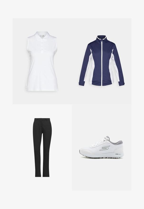 Tummansininen urheilutakki, jossa on valkoiset sivupaneelit, pitkä vetoketju, pystysauma ja pitkät hihat. Valmistettu kevyestä, sileästä kankaasta.; Valkoinen hihaton polo-paita sileästä kankaasta, jossa on klassinen kaulus, viiden napin lista ja sivuhalkiot liikkumisen helpottamiseksi.; Musta muotoiltu housut, jotka on valmistettu joustavasta kankaasta, jossa on sileä pinta, kapea istuvuus ja tasainen etuosa, jossa on vyölenkit.; Valkoiset urheilukengät, joissa on teksturoitu verkkopäällinen, hopeiset yksityiskohdat ja kevyt pohja, joka sisältää pieniä pito-nastoja, nimetty "ULTRA FLIGHT".