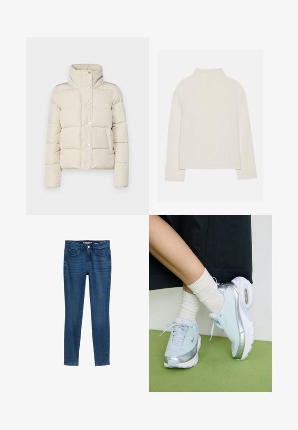 Kreemivärvi puhvjakker, millel on kõrge krae, nööbid ja kaks esikotti. Valmistatud pehmest, tikitud materjalist. Kerge disain.; Kreemivärvi pikkade varrukatega topp kõrge kaelusega, pehme tekstuuriga ja mugava lõikega. Õmblusteta õlavarred ja sirge alläär külgservadega.; Tumed sinised teksad stiilse istuvusega. Omavad klassikalist viie tasku disaini, nööbikinnitust ja õmblusdetailide rõhku. Sile tekstuur.; Heled sinine tennis, millel on hõbedased detailid, tekstureeritud ülemine osa, pehme põhi ja nähtav õhukamber. Kombineeritud valgete ribadega sokkidega.