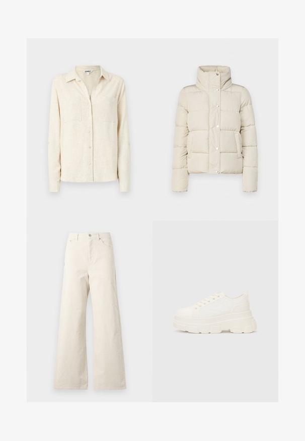 Kreemivärvi puhvjakker, millel on kõrge krae, nööbid ja kaks esikotti. Valmistatud pehmest, tikitud materjalist. Kerge disain.; Helebeež pikkade varrukatega nööbitav särk, millel on krae, kaks rinna taskut ja tekstuuriga kangas.; Bežid laiad püksid, valmistatud puuvillast, esise nööbiga kinnitusega, küljetaskute ja sileda tekstuuriga. Minimalistlik disain, ilma mustriteta.; Valge kangast tennis, millel on paks tald, ümar varvas ja viis augukeed lakkide jaoks. Tagumine silt lihtsaks jalga panemiseks. Sile tekstuur, minimalistik disain.