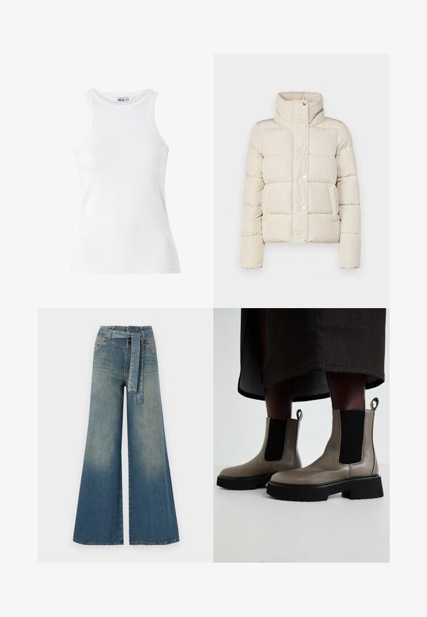 Bunda typu puffer v krémové barvě, s vysokým límcem, patentkami a dvěma předními kapsami. Vyrobena z měkkého prošívaného materiálu. Lehký design.; Bílý žebrovaný top na ramínka s vysokým výstřihem a bezrukávovým designem. Měkká textura, přiléhavý střih a minimální detaily šití.; Džínové kalhoty širokého střihu s přechodem od světlé k tmavě modré, vysokým pasem, poutky na opasek a odpovídajícím opaskem ze stejného materiálu. Texturovaná džínovina.; Šedé kotníkové boty vyrobené z texturované kůže s elastickými bočními panely a masivní černou podrážkou. Obsahují poutka pro snadné obouvání.