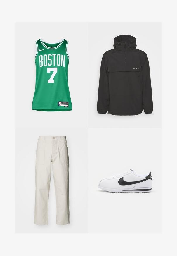 Veste à capuche noire avec fermeture éclair à l'avant, grande poche poitrine, poignets élastiques et ourlet à cordon pour un ajustement adaptable.; Maillot de basket-ball vert avec lettrage blanc. Affiche "BOSTON" et le numéro "7". Fabriqué en matériau en mesh respirant, avec un logo et une étiquette Nike.; Pantalons larges beige clair en coton. Dotés de poches avant et d'une fermeture à bouton. Texture lisse avec de légères lignes verticales.; Baskets en cuir blanc avec le swoosh noir de Nike, lacets plats et semelle en caoutchouc texturé. Bout arrondi et col rembourré pour le confort.