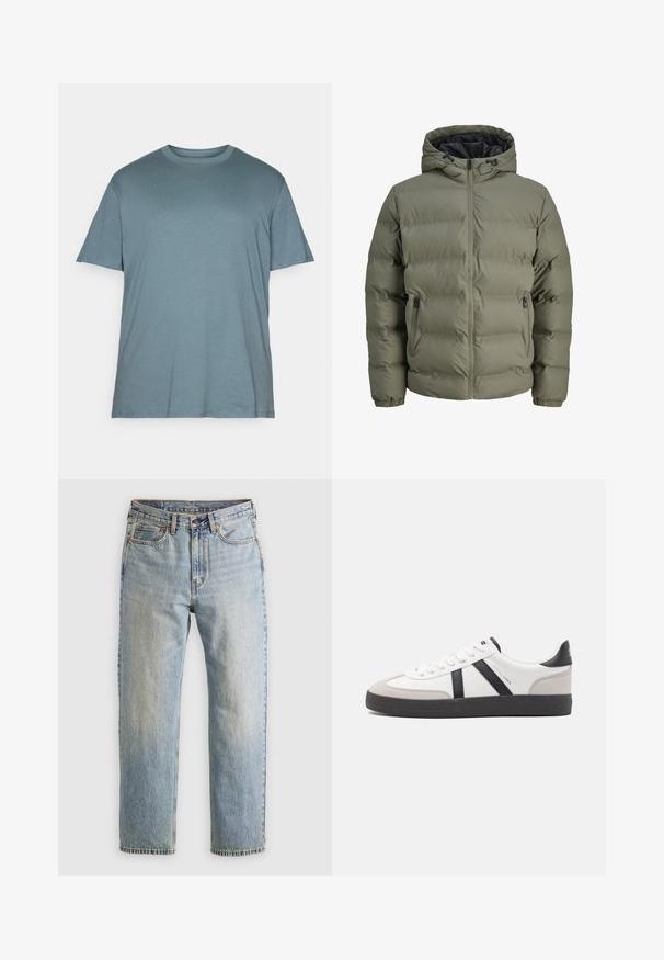 Oliegroene pufferjack met capuchon, ritssluiting en twee zijzakken. Heeft een gearceerde textuur en elastische manchetten.; Olijfgroen gebreid sweater met een ronde halslijn, lange mouwen en geribbelde manchetten. Heeft een textuurpatroon en een relaxte pasvorm.; Jack & Jones JJEBRADLEY - T-shirt basic - goblin blue; Lichtblauwe denim jeans met hoge taille, frontknop, rits en vijfzakkenontwerp, plat gelegd op een neutrale achtergrond.; Witte sneaker met zwarte en grijze accenten, voorzien van een grijze neus met textuur, zwarte rubberen zool en platte witte veters. Schoon ontwerp, minimalistische stijl.
