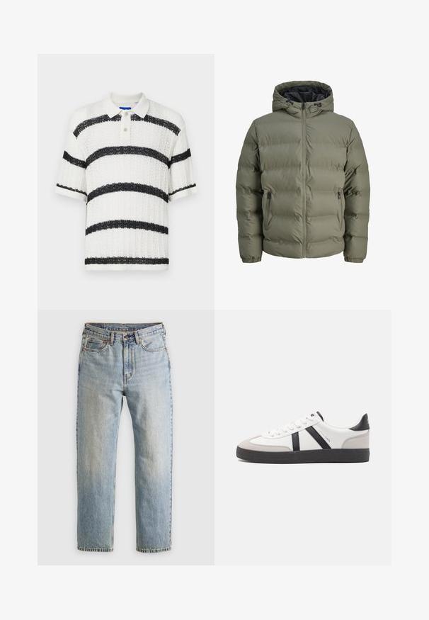 Olivovo zelená prešívaná bunda s kapucňou, zipsom a dvoma bočnými vreckami. Obsahuje prešívanú textúru a elastické manžety.; Olivovo zelený pletený sveter s okrúhlym výstrihom, dlhými rukávmi a rebrovanými manžetami. Obsahuje štruktúrovaný vzor a uvoľnený strih.; Biela polokošeľa s krátkym rukávom z textúrovanej látky, s širokými čiernymi horizontálnymi pruhmi a golierom na tri gombíky s priehľadnými gombíkmi.; Svetlomodré džínsy s vysokým pásom, predným gombíkom, zipsom a dizajnom s piatimi vreckami, rozložené na neutrálnom pozadí.; Biele tenisky s čiernymi a šedými akcentmi, s textúrovanou šedou špičkou, čiernou gumovou podrážkou a plochými bielymi šnúrkami. Čistý dizajn, minimalistický štýl.