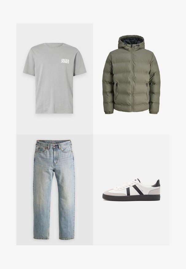 Alyvuogių žalios spalvos pūkinė striukė su kapuce, užtrauktuku ir dviem šoninėmis kišenėmis. Yra išklota tekstūra ir elastingi rankogaliai.; Olive žalios spalvos megztinis su apvaliu iškirpimu, ilgomis rankovėmis ir raštuotais rankogaliais. Pasižymi tekstūruotu raštu ir laisvu siluetu.; Pilkas medvilninis marškinėliai su trumpomis rankovėmis, apvalia iškirpte ir baltu logotipu "JACK & JONES" spausdintu kairėje krūtinės pusėje.; Šviesiai mėlynos džinsinės kelnės su aukštu liemeniu, priekyje mygtukas, užtrauktukas ir penkių kišenių dizainas, išklotos ant neutralios fono.; Balti sportbačiai su juodais ir pilkais akcentais, pasižymintys tekstūruotu pilku pirštų dangteliu, juoda gumine padais ir plokščiomis baltomis raišteliais. Švarus dizainas, minimalistinis stilius.