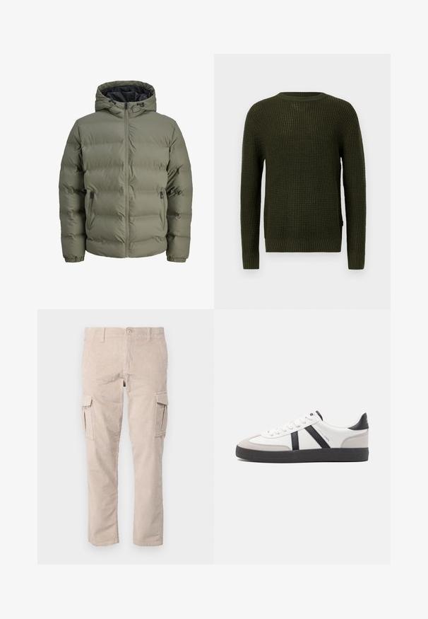 Jachetă puffer verde măsliniu cu glugă, închidere cu fermoar și două buzunare laterale. Prezintă o textură matlasată și manșoane elastice.; Pulover tricotat de culoare verde măsliniu, cu guler rotund, mâneci lungi și manșete cu dungi. Are un model texturat și o croială lejeră.; Pantaloni cargo din corduroy bej, cu croi drept, având buzunare laterale și un finisaj texturat. Închidere cu buton la talie.; Sneaker alb cu accente negre și gri, având un capac de vârf gri texturat, talpă din cauciuc negru și șireturi plate albe. Design elegant, stil minimalist.
